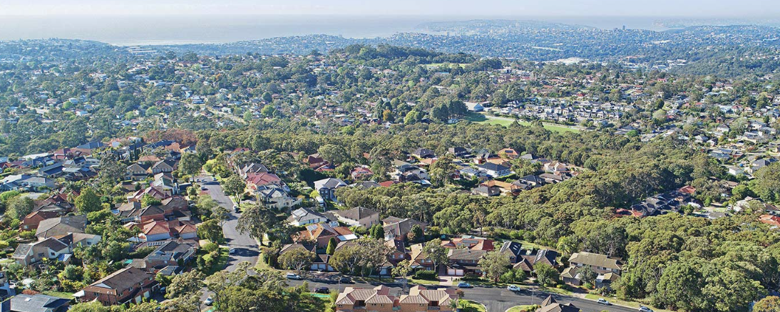 High aerial view over Beacon Hill showing leafy streets and elevated homes, with the Pacific Ocean shimmering in the distant background